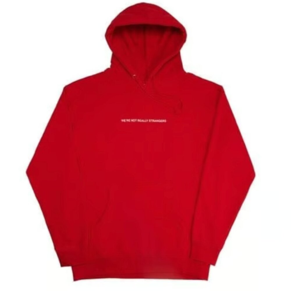 We’re Not Really Strangers Hoodie Oversized Red Graphic Sweatshirt Size M